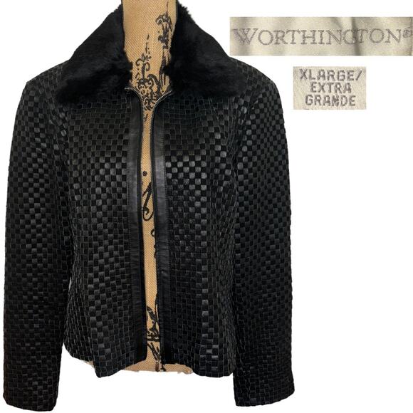 90s Worthington Woven Leather Suede Real Fur Collar Jacket Black Size XL Vintage - Picture 1 of 5